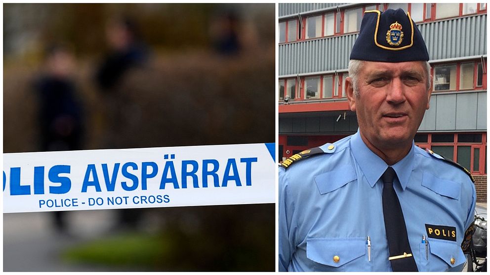 två bilder. Polisavspärrning och polisens presstalesperson Mikael Hedström.