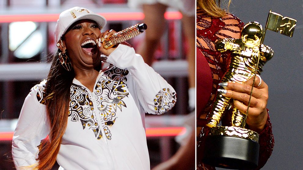 BIld på Missy Elliott som sjunger och bild på själva priset.