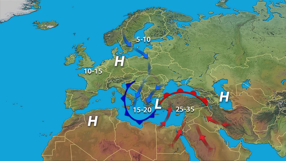 Siroccolågtryck med centrum över Balkan den 20 april 2010. Mycket varm luft drog upp över östra Medelhavsområdet medan stora delar av Europa hade kyligt vårväder.