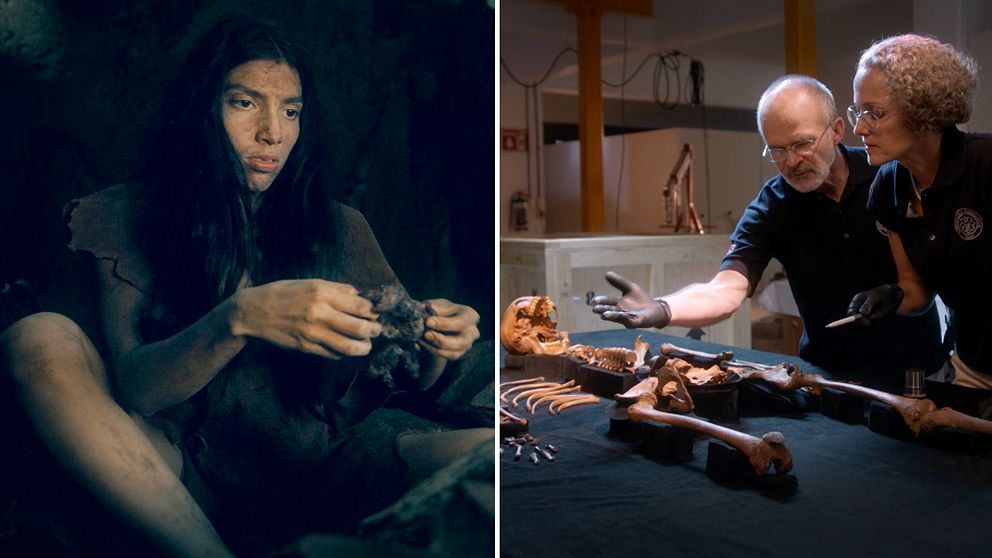 En bild som visar hur en 16-årig flicka kunde ha sett ut på istiden, för 13 000 år sedan. Och en bild på två forskare som undersöker ett skelett från den tiden.