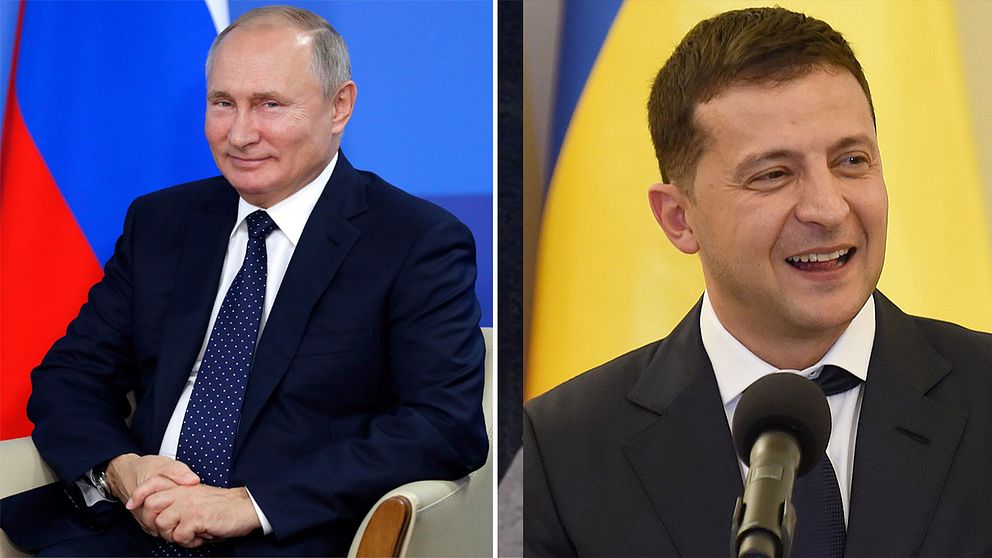 Rysslands president Vladimir Putin till vänster och Ukrainas president Volodymyr Zelenskyj till höger