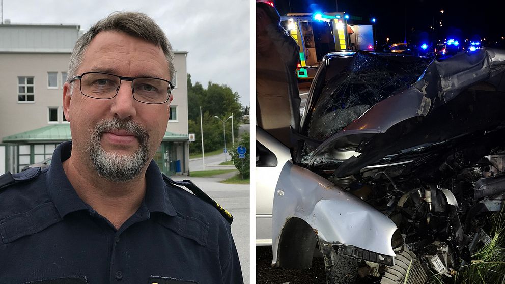 Förundersökningslredare Erik Bylund och bilder på bilvraket från olyckskvällen.