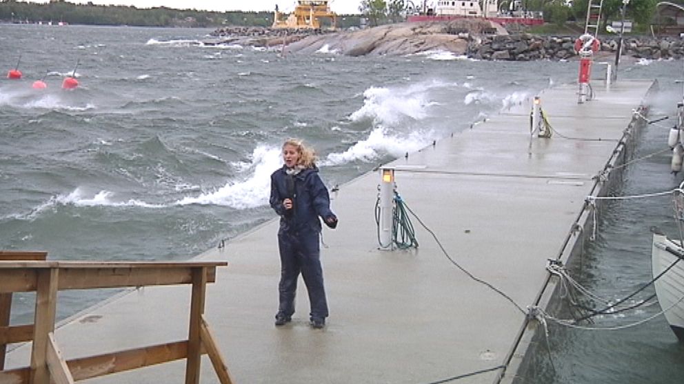 Öregrund vid Upplandskusten den 22 september. ABC:s reporter Julia Carlbaum hade det tufft i den mycket hårda nordvinden.