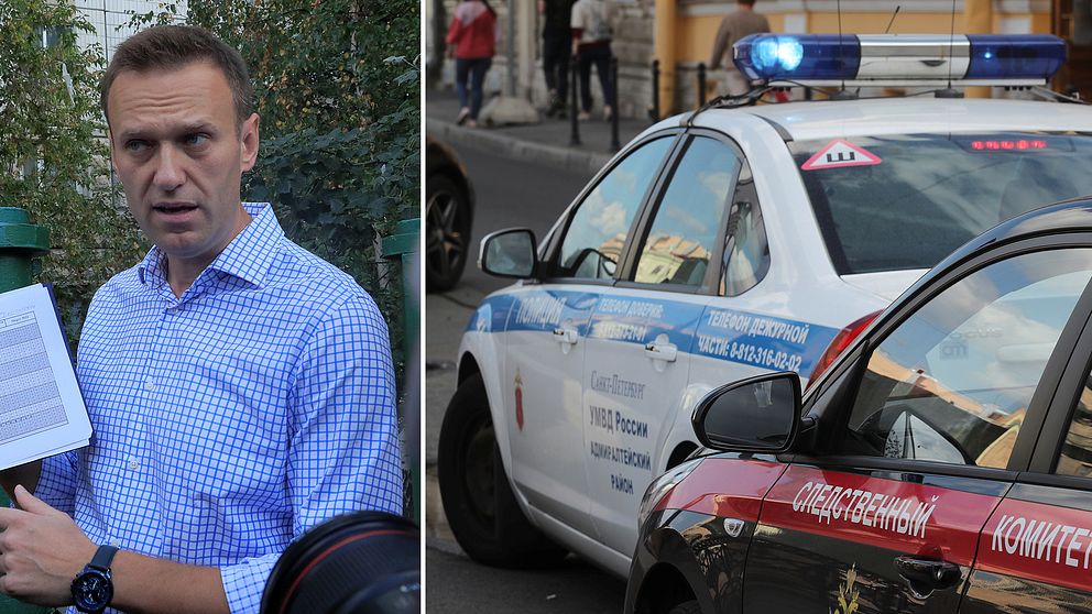 Ryska oppositionsledaren Aleksej Navalnyj och två ryska polisbilar.