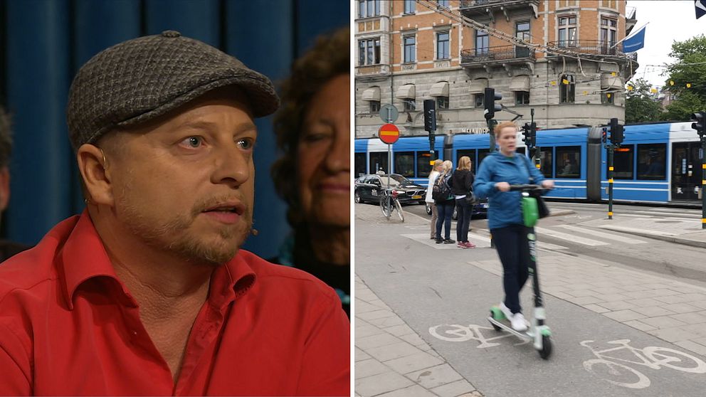 Pablo Cozzi, spårvagnsförare i Opinion live, och en elsparkcykel i trafiken.