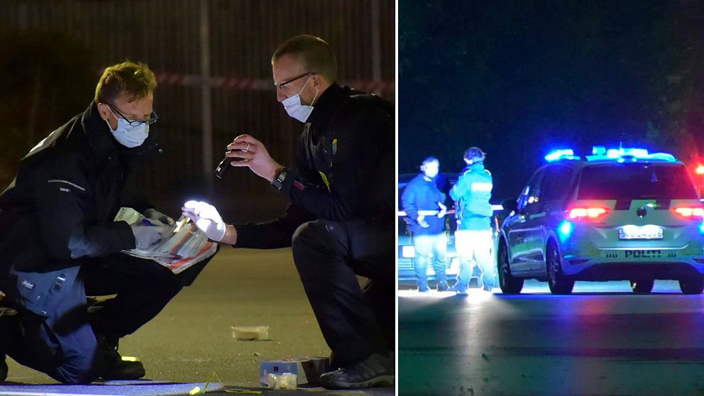 Polisen som undersöker brottsplatsen efter skottlossningen utanför Köpenhamn.