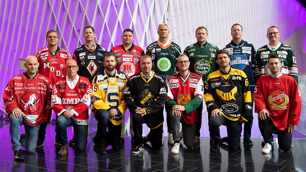 Alla 14 tränare i årets hockeyallsvenska iklädda sina respektive lags matchtröjor.
