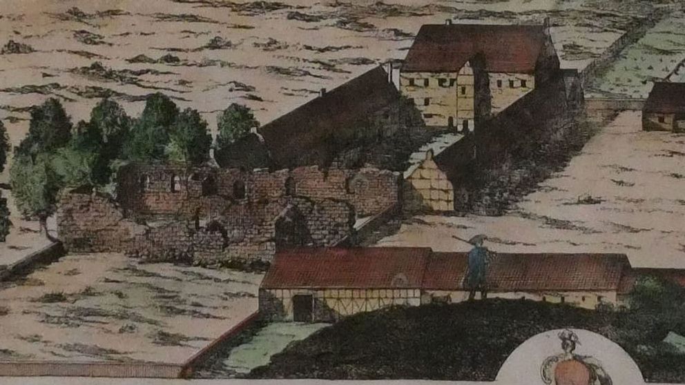 Den här teckningen från 1680-talet gav länsstyrelsens antikvarie en fingervisning om vart klosterruinen kan ligga. På teckningen är ruinen synlig till vänster.