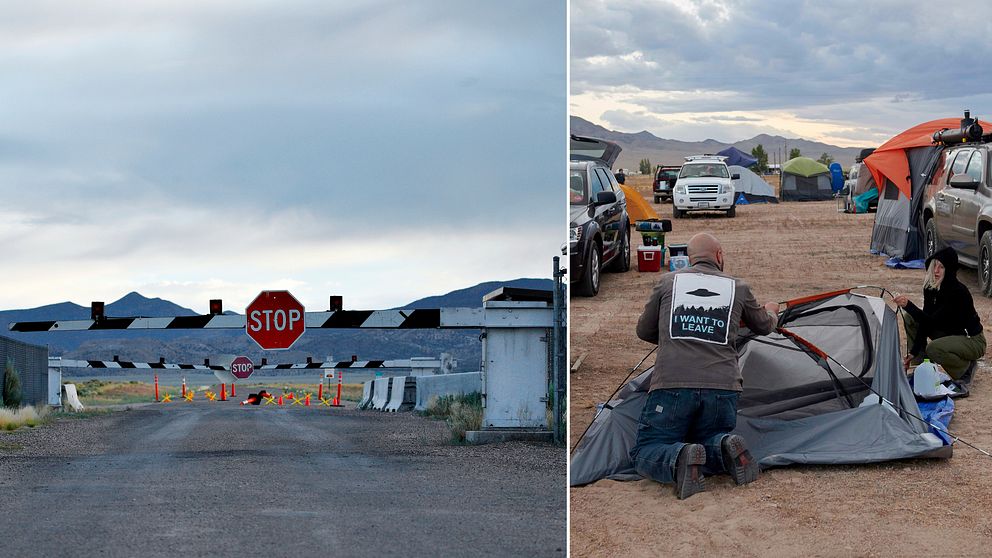 Besökare slår upp tält utanför Little A'Le'Inn i Nevada inför festivalerna som arrangerats efter Facebook-eventet om att storma Area 51.