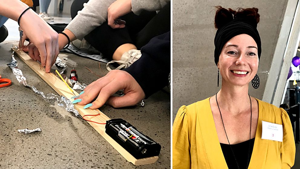 Närbild på händer med långa, turkos-målade naglar som håller i träbit med batterihållare påbyggd. Samt porträttbild på doktorand Ulrika Sultan.