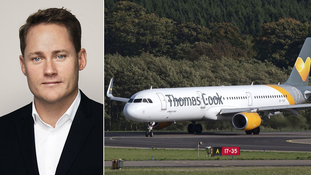 Fredrik Henriksson, presschef på Ving vars ägare, Thomas Cook, riskerar att gå i konkurs. I bilden bredvid ett flygplan som körs av flygbolaget Thomas Cook som står på landningsbana.