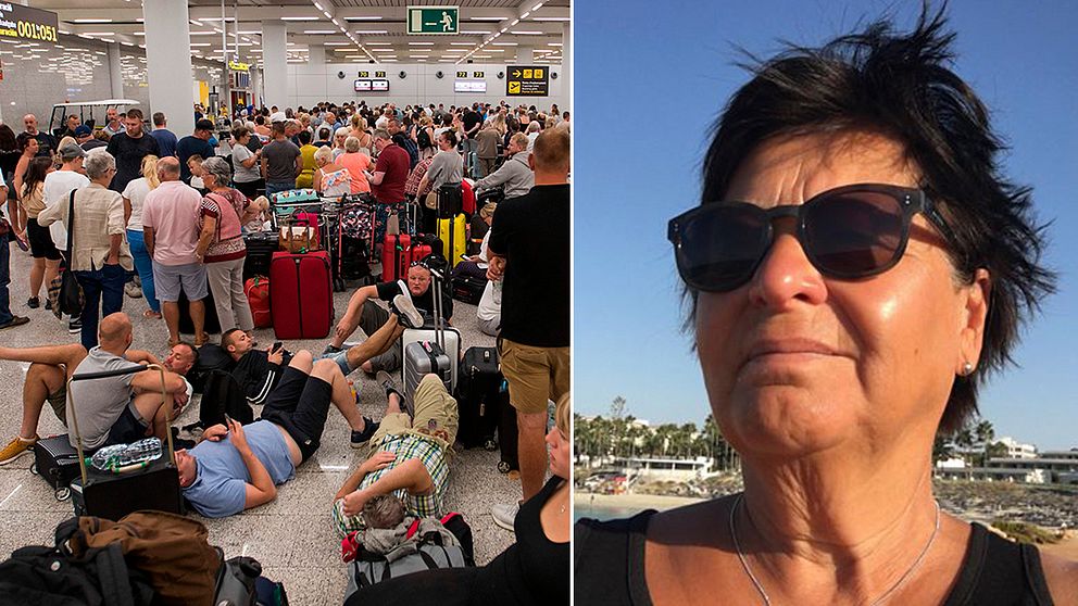 Det råder kaos på flera charterdestinationers flygplatser sedan researrangören Thomas Cook gått i konkurs. Berith Bojestig Peterson från Ljungby fick informationen om det inställda flyget hem från Cypern innan sällskapet hade hunnit ta sig till flygplatsen.