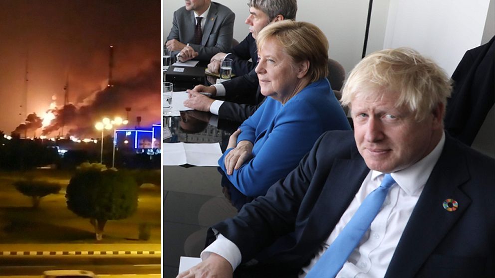 Tysklands förbundskansler Angela Merkel och Storbritanniens premiärminister Boris Johnson inför deras möte i FN:s högkvarter i New York under måndagen. Även Frankrikes president Emmanuel Macron medverkade.