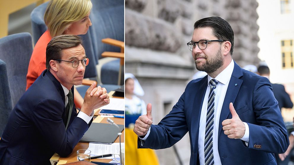 Sverigedemokraterna är återigen Sveriges näst största parti i mätningarna. Ulf Kristersson (t.v) och Moderaterna halkar ner till tredje platsen.