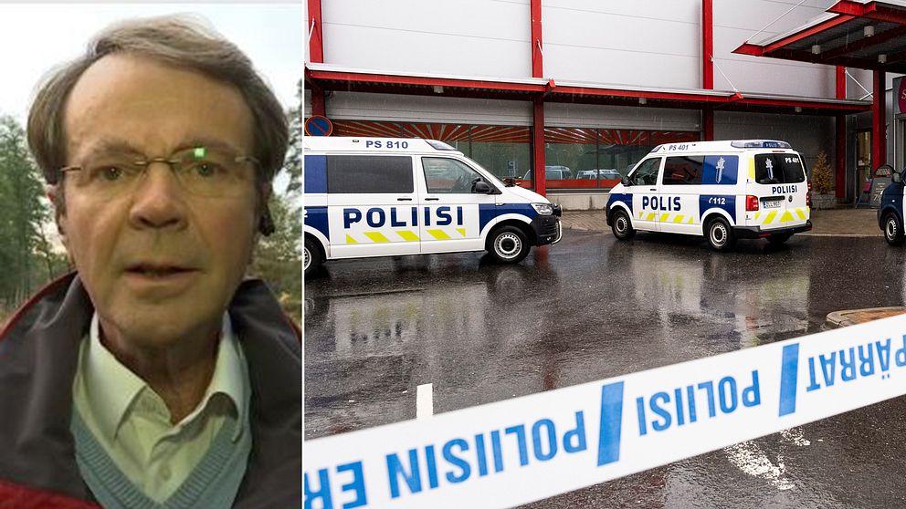 SVT:s reporter Hasse Svensk och två finska polisbilar.