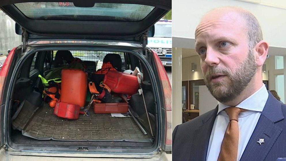 Bild på ett bagageutrymme i bilen som mannen körde. I bagaget ligger bensindunkar och utrustning för skogsarbete. Bild på kammaråklagare Henrik Olin.