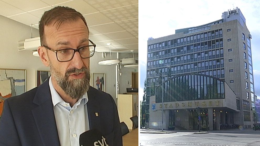 närbild på Lekfalk som intervjuas, och exteriör på Luleå stadshus