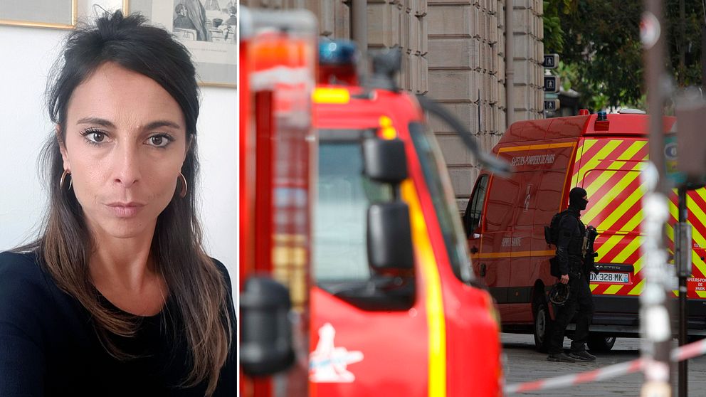 Bild på Aurélie och bild på en polis som står bland röda brandkårsbilar.