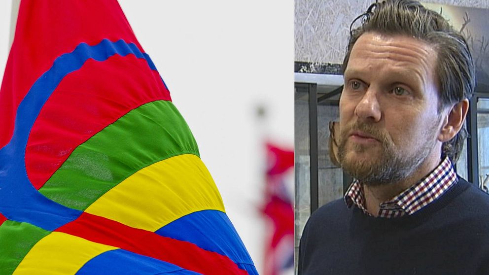 Samisk flagga och en bild på Jerker Bexelius, verksamhetschef på Gaalitje i Östersund