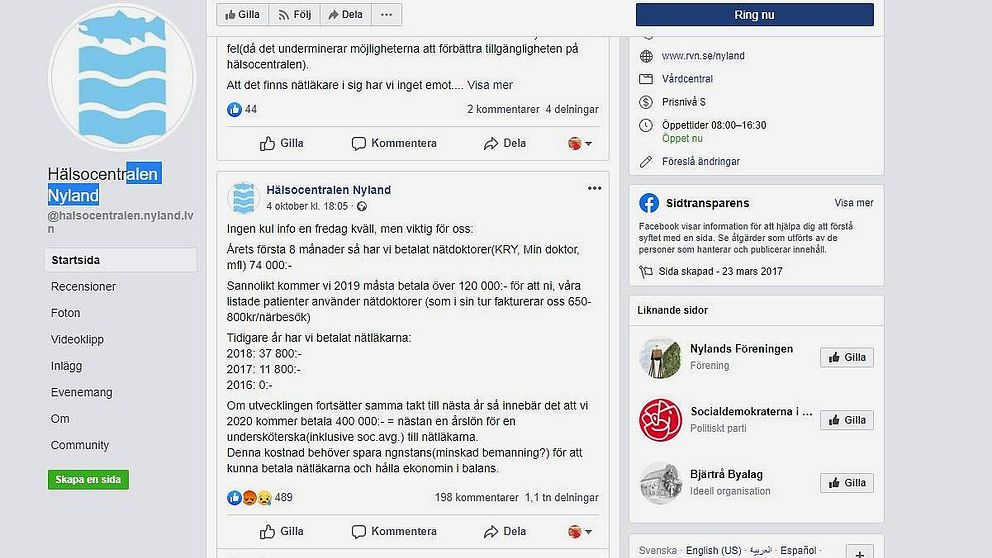 Hälsocentralen Nyland skriver på sin Facebook vad nätläkarna kostar närvården i området.