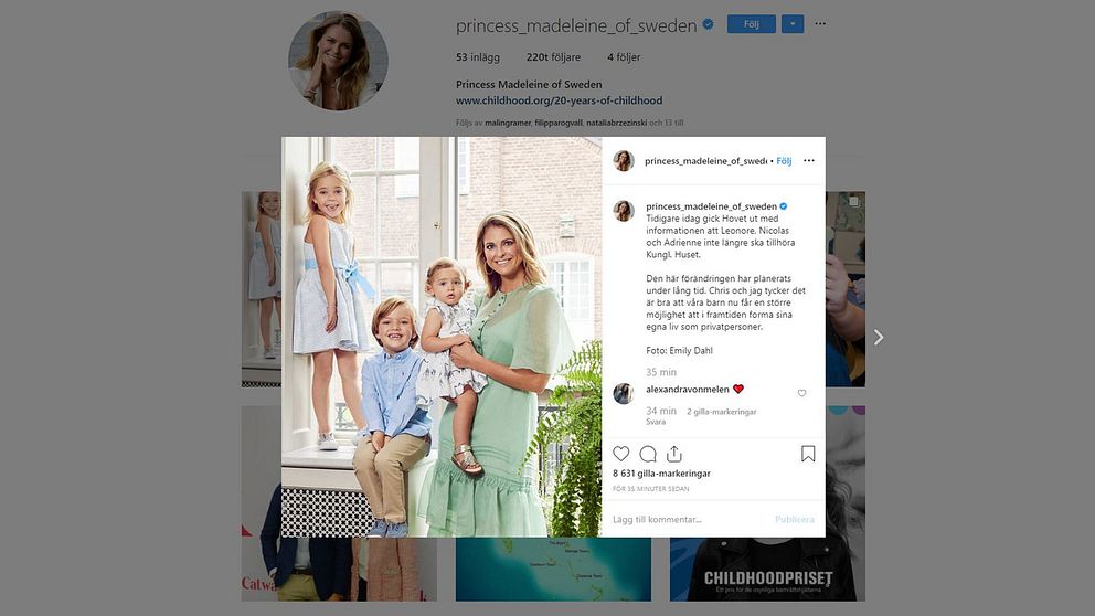 Prinsessan Madeleine kommenterar kungens beslut på Instagram.