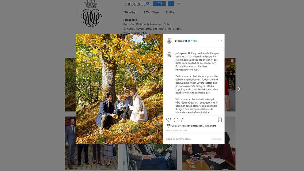 Prins Carl Philip och prinsessan Sofia kommenterar dagens beslut på Instagram.