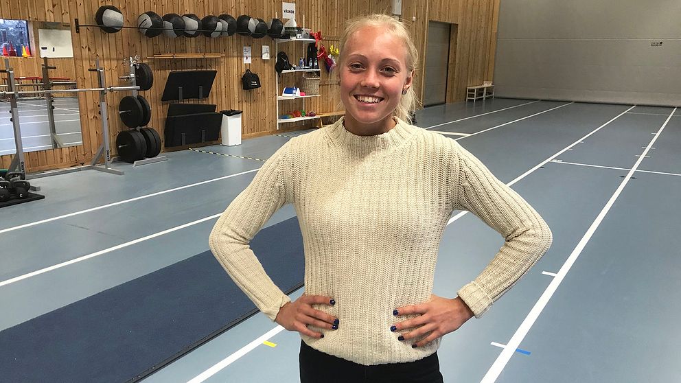 En glad Tilde Johansson tillbaka i sin träningslokal på Arena Vesterhavet i Falkenberg.