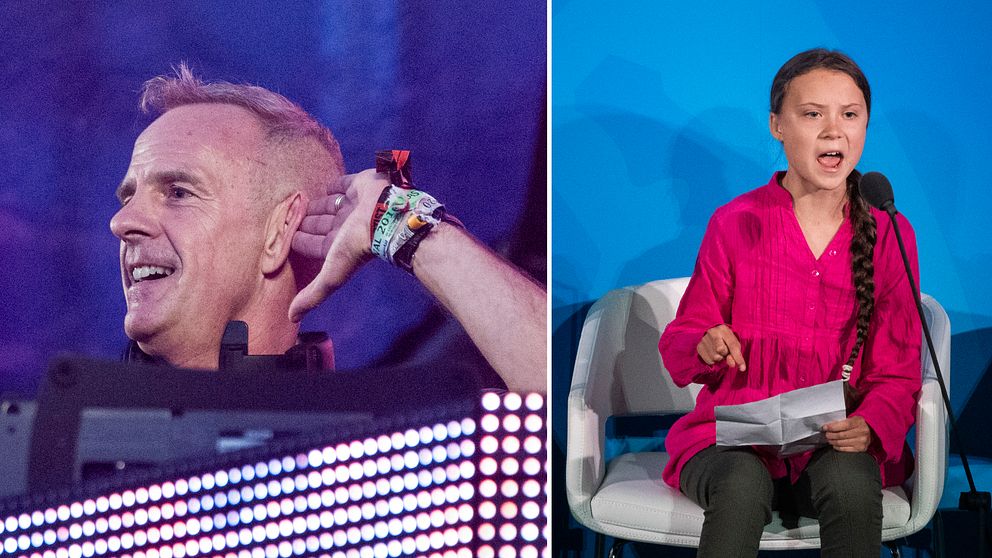 Bild på Fatboy Slim där han spelar musik till vänster och bild på när Greta Thunberg håller sitt tal till höger.