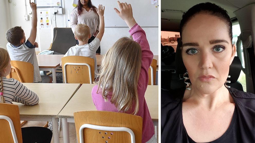 elever i klassrum intill porträttbild av Michaela Almhav