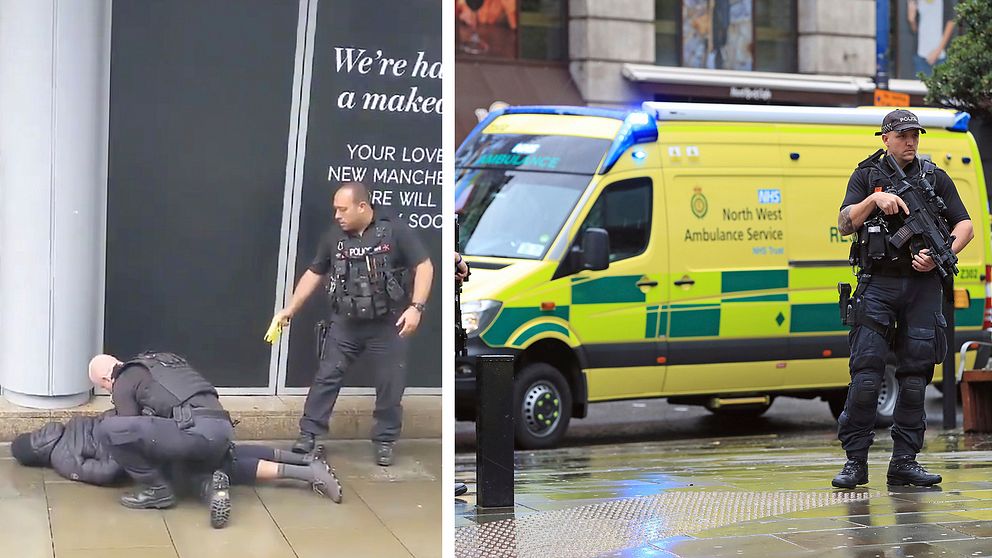 Till vänster: En polis håller en missänkt man mot marken medan den andra riktar en elpistol mot honom. Till höger: Polis med automatvapen står framför en ambulans.
