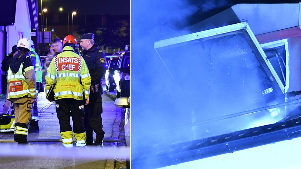 Räddningstjänsten på plats utanför flerbostadshuset i Malmö där bränderna startade.