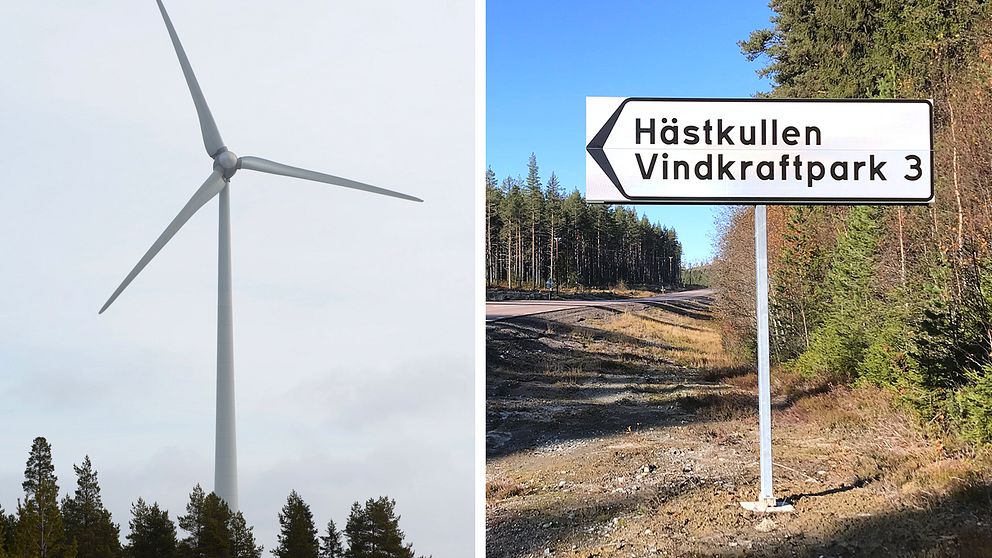 Vindkraftverk och vägskylt som pekar mot Hästkullens vindkraftspark