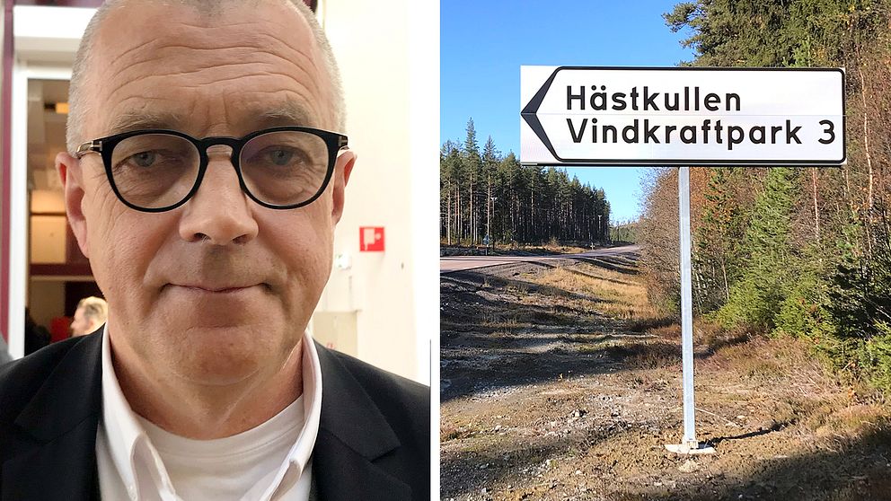 Per Nordlund, vd för Nysäter Wind och en bild på skylten till Hästkullens vindkraftpark