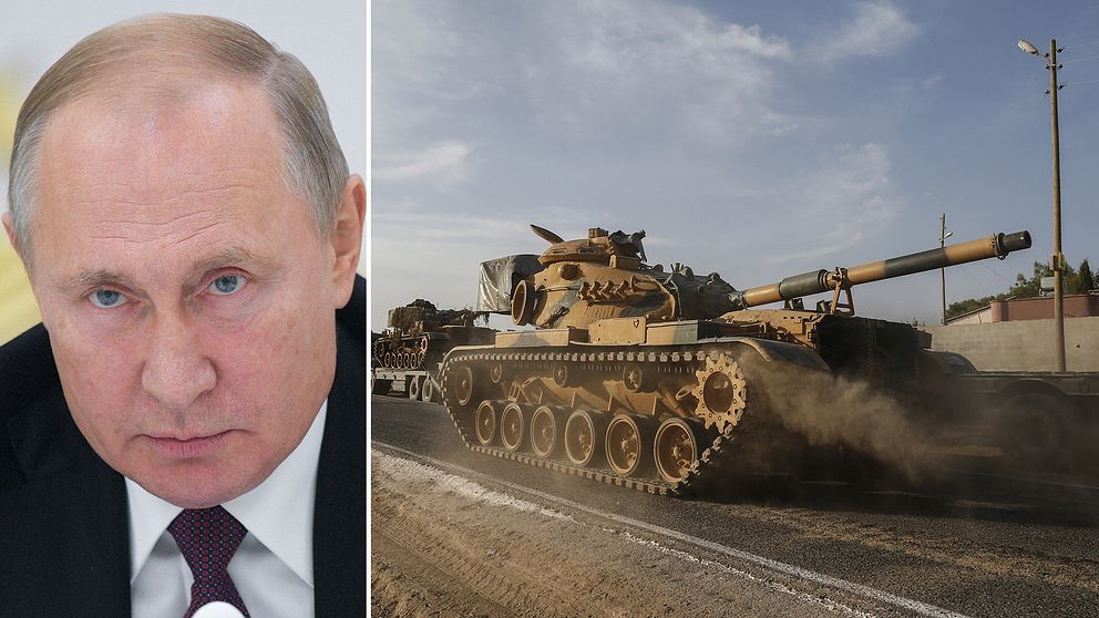 Rysslands president Vladimir Putin och en turkisk stridsvagn nära gränsen mot Syrien.