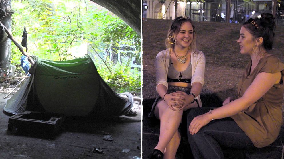 Ett tält under en bro. Cat och Shelby pratar och skrattar.
