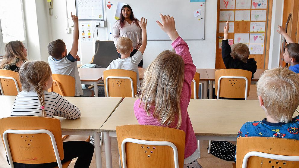 Skolbarn i ett klassrum räcker upp händerna.