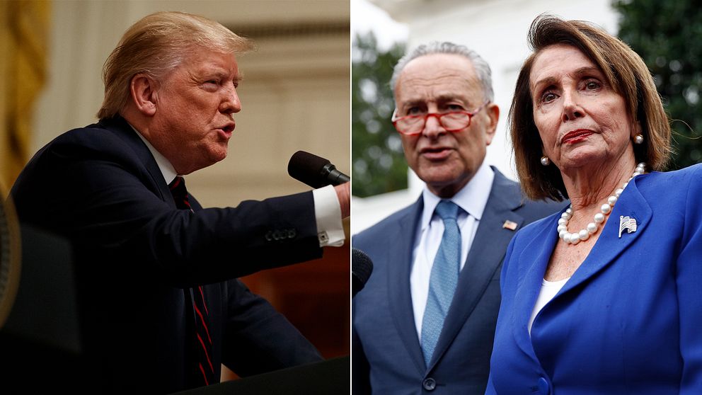 USA:s president Donald Trump i bild med kongressens demokratiska talman Nancy Pelosi och demokraten Chuck Schumer som efter att kongressen beslutat att fördöma Trumps beslut om tillbakadragandet av militär i Syrien var på ett möte i Vita huset med presidenten.