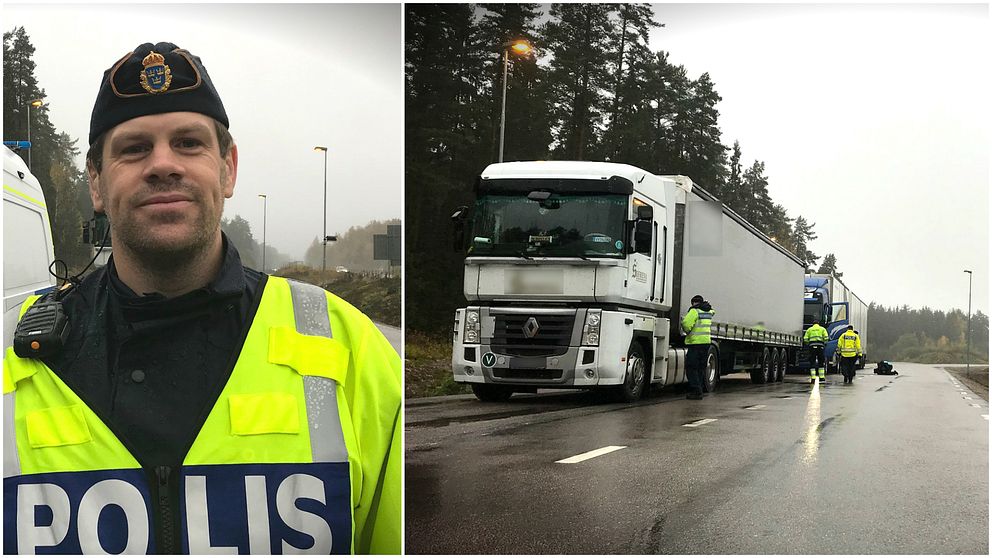 Två bilder. Trafikpolis Ingvar Schön och lastbil som kontrolleras