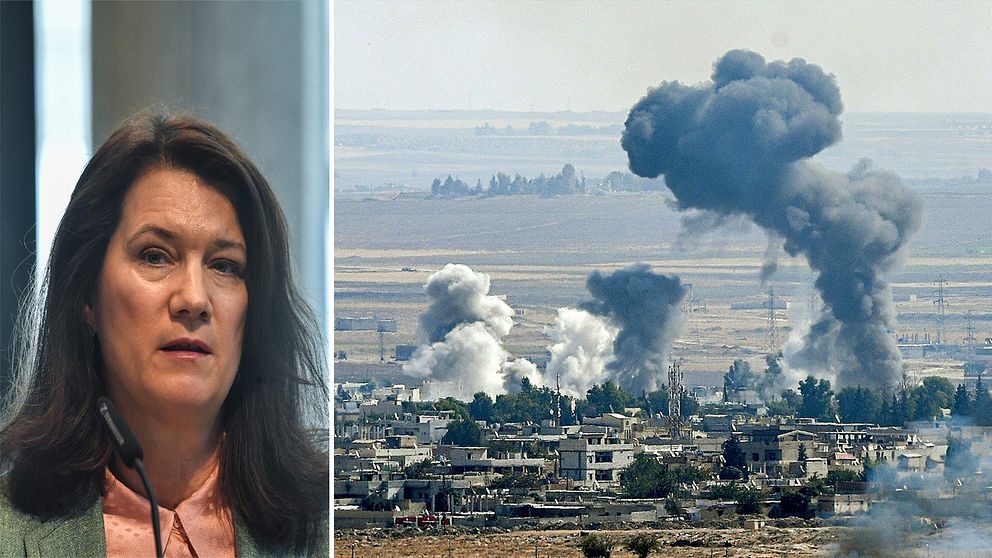 Utrikesminister Ann Linde till vänser och en bild över rökutveckling i den syriska staden Ras al-Ain