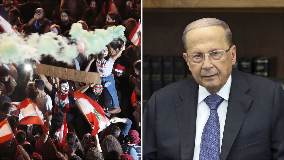 Demonstranter i Libanon och president Michel Aoun.