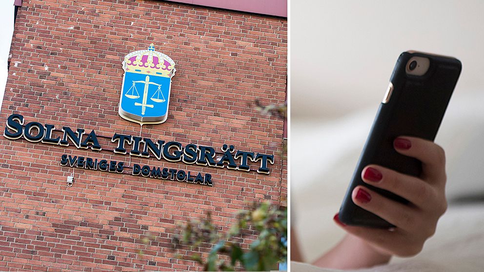 Bild på husfasaden och skylten hos Solna tingsrätt och bild på kvinnohand som håller upp en smartphone.