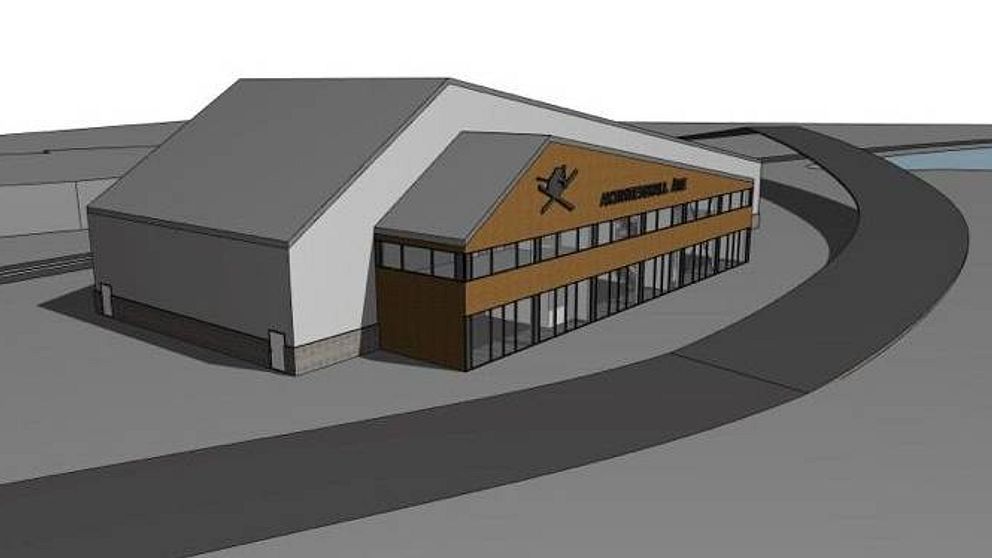 Skiss på hur den nya aktivitetshallen i Åre kan komma att se ut