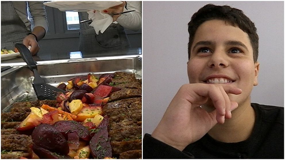 Den ena bilden visar köttfärslimpa i ett stort rostfritt kärl och elever som köar intill. Den andra bilden visar en tonårskille som ser glad ut.