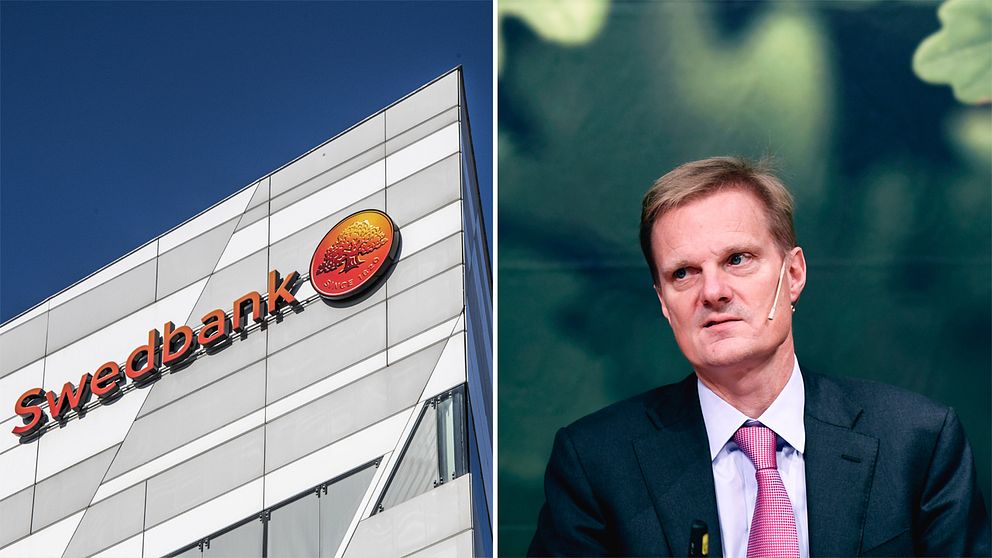 Bild på Swedbank-fasad och bankens vd.