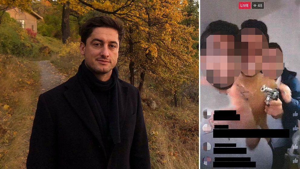 SVT Nyheters reporter Diamant Salihu granskar livesändningar på sociala medier. Till höger syns en bild från ett uppmärksammat brottsfall som sändes live på Facebook.