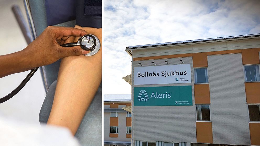 Bilden är ett montage. Vänster halva: En person håller ett stetoskop mot en annan persons arm. Höger halva: Exteriörbild av Bollnäs sjukhus.
