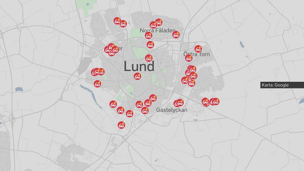 Kartvy över platser i Lund-området där bilar brunnit sedan början av sommaren.