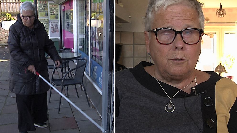 Mona, 71, söker efter butiksingång med sin käpp, andra delen av bilden är en bild på samma kvinna sittandes i ett kök