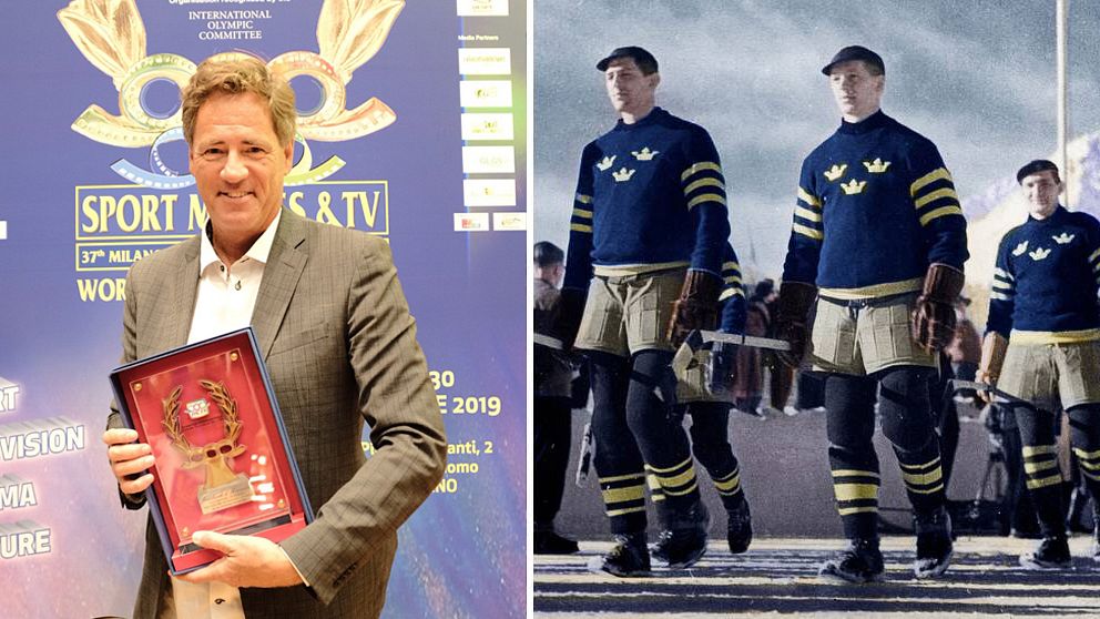 Jens Lind tog emot priset för ”Hockeyns historia” vid sportfilmsfestivalen i Milano.