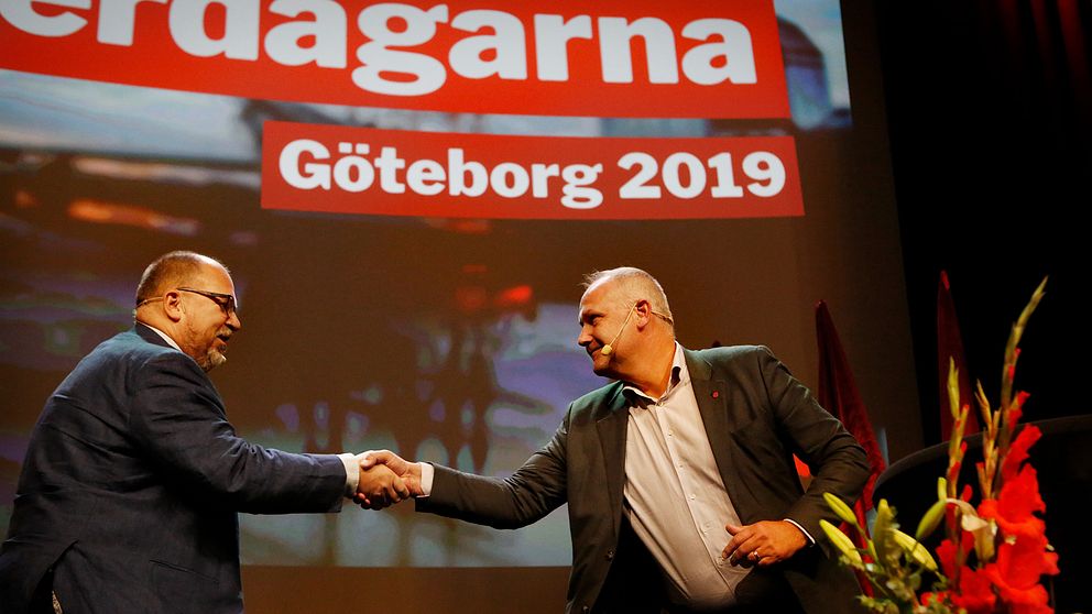 Partiledaren Jonas Sjöstedt (th) och LO-ordförande Karl Petter Thorvaldsson under Vänsterpartiets kommundagar.